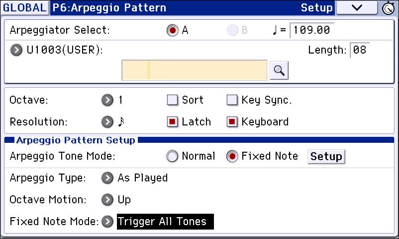For this example, select the preset program A017: Jazz Dry/Amb1 Kit (Category: Drums). 2. In Global P6: Arpeggio Pattern, select the Setup page, and parameter settings.