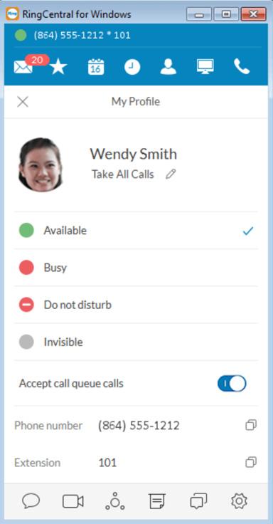 RingCentral for Desktop Set Your Own Presence Status 18 Set Your Own Presence Status You can set your own Presence status so other people in your company can quickly tell if you re available or not