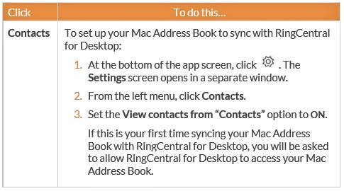 RingCentral for Desktop Personalize RingCentral for Desktop 41 Contacts Menu - Integrate with Mac Address Book RingCentral for Desktop seamlessly integrates