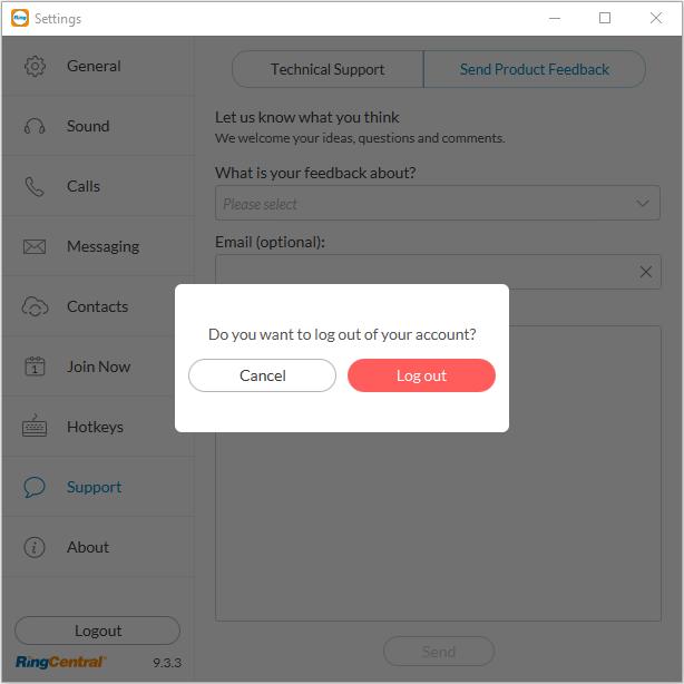 RingCentral for Desktop Log Out of RingCentral for Desktop 58 Log Out of RingCentral for Desktop When you re done with work for the day, you can log out of RingCentral for Desktop. Here s how: 1.