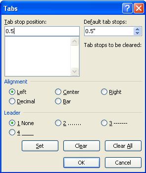 First, set a left tab at 0.5 inches (this tab will be used to align the caption text). NOTE: although clicking on the ruler is convenient, it might not be accurate enough for our purposes.