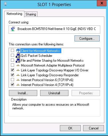 A.9 Disabling unused network adapter protocols Unused protocols can be disabled in the Windows Server 2012 network adapter properties menu.