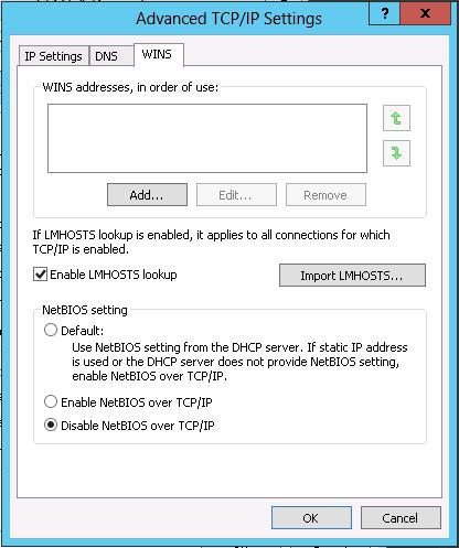 Disabling NetBIOS in the Windows Server 2012 Advanced TCP/IP Settings for the network adapter 38