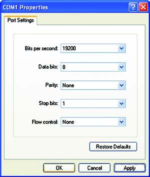 4. Set the serial port settings as follows: Bits per second: 19200 Data bits: 8 Parity: None Stop bits: 1 Flow control: None Then click OK.