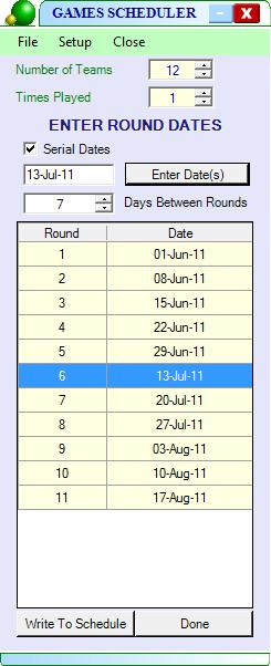 Date: 24-June -11 Page 13 of 15 Enter Round Dates Write Round Dates To Schedule Each stage is invoked from the 'Setup' menu.