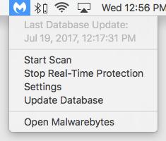 Mac Menu Bar Access Access to Malwarebytes is available to the user from two different access points on the Mac Menu Bar.
