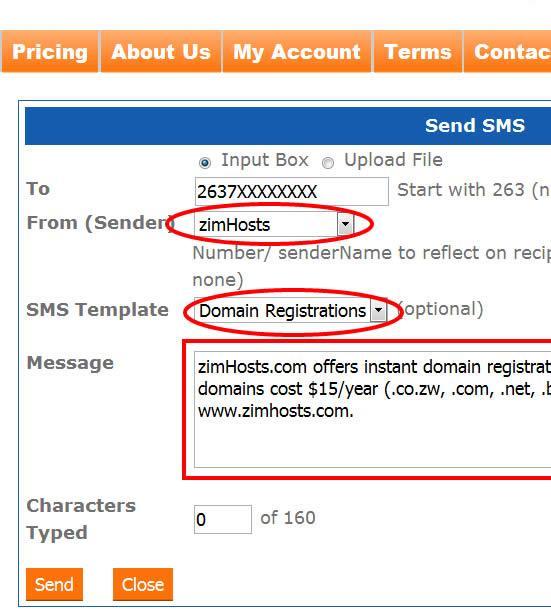 Select a senderid eg zimhosts in our case Select a msg template eg Domain registrations which will prepopulate the msg