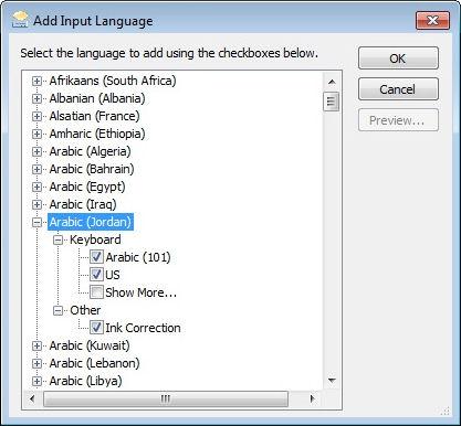 5. Locate the Arabic keyboards in the Add Input Language dialog box.