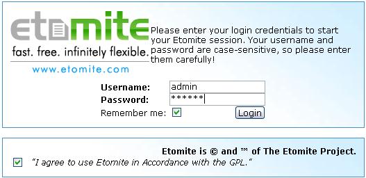 The Etomite Manager The introductory screen is shown here.
