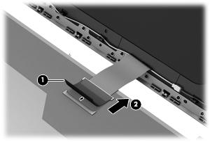 c. Release the adhesive strip (1) that secures the display panel cable to the display panel, and then disconnect the display panel cable (2) from the display panel. d. Remove the display panel.