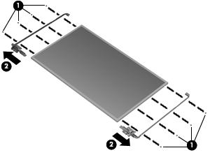 7. If it is necessary to replace the display hinges: a. Remove the eight Phillips PM2.0 3.0 screws (1) that secure the display hinges to the display panel. b. Remove the display hinges (2).