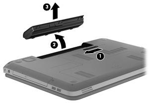 Remove the battery: 1. Slide the release latch (1) to release the battery. 2. Pivot the front edge of the battery (2) up and back. 3. Remove the battery (3) from the computer.