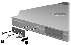 6. Remove the optical drive (2) from the computer. 7. If it is necessary to replace the optical drive bracket, position the optical drive with the rear panel toward you. 8.