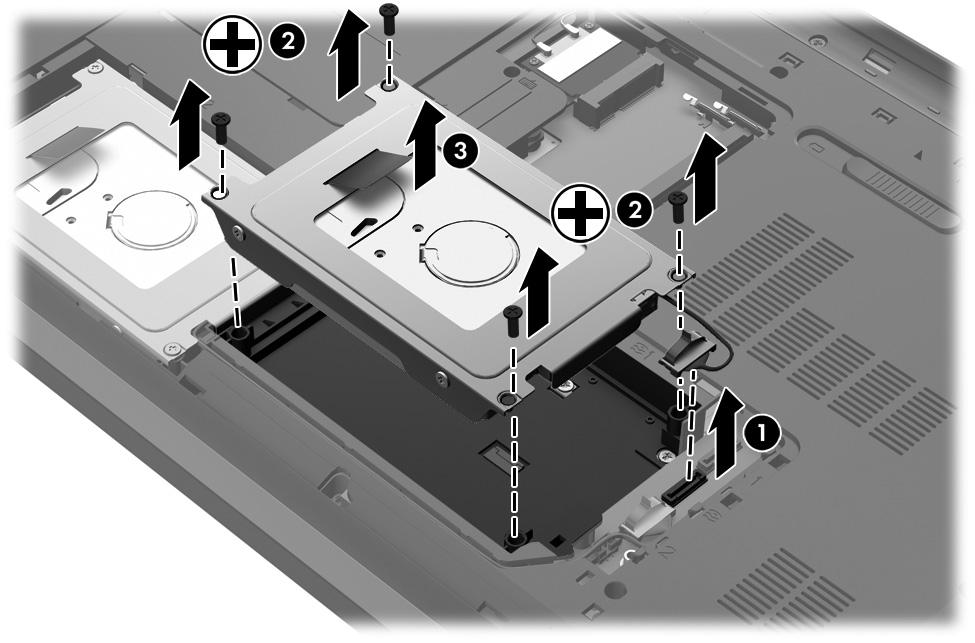 3. Remove the hard drive (3). 4. Disconnect the hard drive cable (1) from the system board. 5.