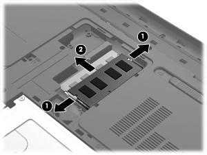 2. Remove the memory module (2) by pulling it away from the slot at an angle. Reverse this procedure to install a memory module.