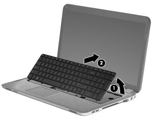 6. Lift the rear edge of the keyboard (1), and then slide the keyboard (2) back until the keyboard