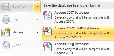 Work Backwards To open a database in an earlier version, search Files of Type: for the required version To save a database in a