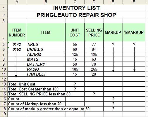 Exercise 7 1. Create the worksheet shown above. 2. Find MARKUP, where MARKUP = SELLING PRICE UNIT COST. 3. Find %MARKUP, where %MARKUP = MARKUP/UNIT COST. 4.