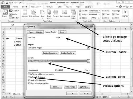 39. Excel Header and Footer Excel 2010 Header and Footer A header is the information that appears at the top of each printed page and a footer is the information that appears at the bottom of each