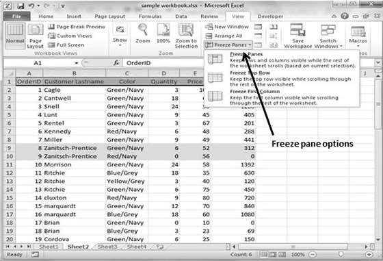 42. Excel Freeze Panes Excel 2010 Freezing Panes If you set up a worksheet with row or column headings, these headings will not be visible when you scroll down or to the right.