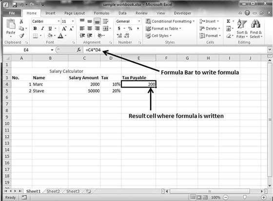 Creating Formula For creating a formula, you need to type in the Formula Bar. Formula begins with '=' sign.
