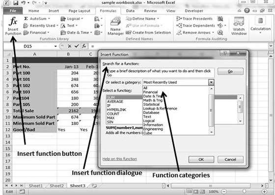 48. Excel Built-in Functions Excel 2010 Built In Functions MS Excel has many built in functions, which we can use in our formula.