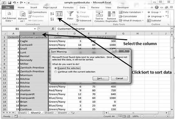 50. Excel Data Sorting Excel 2010 Sorting in MS Excel Sorting data in MS Excel rearranges the rows based on the contents of a particular column.