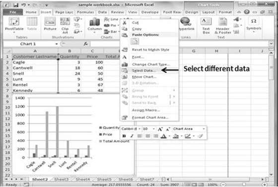 Editing Chart You can edit the chart at any time after you have created it. You can select the different data for chart input with Right click on chart» Select data.