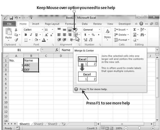 13. Excel Context Help Excel 2010 MS Excel provides context sensitive help on mouse over.