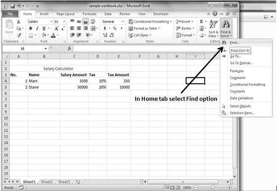 20. Excel Find and Replace Excel 2010 MS Excel provides Find & Replace option for finding text within the sheet.