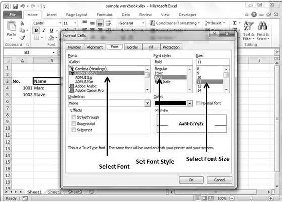 Setting Font from Format Cell Dialogue Right click on cell»