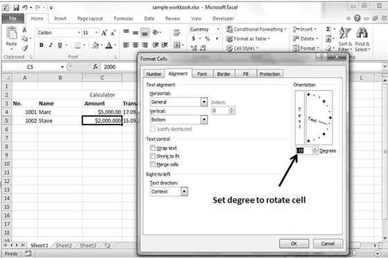 Rotating Cell from Formatting Cell Right Click on the cell.