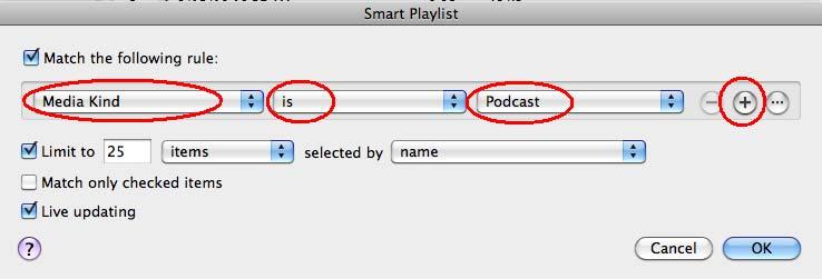 Create a Smart Playlist which references a group of related podcasts 1. Using the itunes menu, select File, then, New Smart Playlist.
