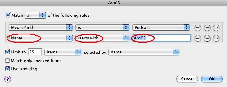 In the Smart Playlist rules window, select Media Type from the first dropdown list, is from the second, Podcast from the third.