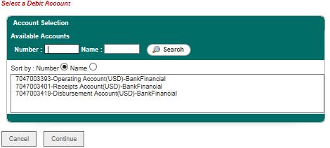 3. Select the funding account for the template. Note: Only the accounts that have been permitted to the user for Money Transfer and have a wire limit amount greater than $0 will appear in the list.