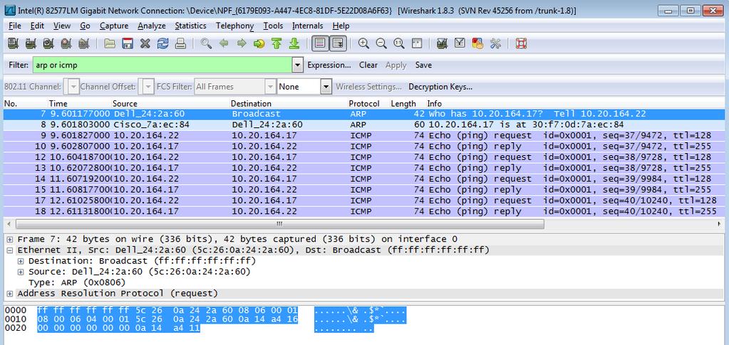 Step 3: Examine Ethernet frames in a Wireshark capture. The Wireshark capture below shows the packets generated by a ping being issued from a PC host to its default gateway.