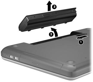 3. Remove the battery (3) from the computer. To insert the battery: 1. Align the tabs on the rear edge of the battery with the notches on the rear edge of the battery bay. 2.