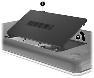 2. Lift the rear edge of the hard drive compartment cover (2) up and forward until it rests at an angle. 3.