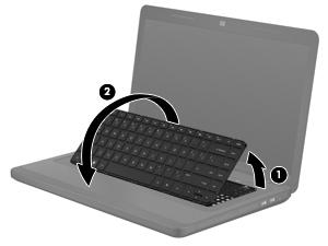 6. Lift the rear edge of the keyboard (1), and then swing the keyboard up and forward (2) until it rests upside down on