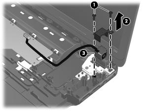 6. Open the computer. 7. Remove the two Phillips PM2.5 6.0 screws (1) that secure the power connector and bracket to the computer. 8. Remove the power connector bracket (2). 9.