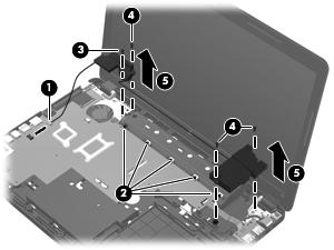 Remove the speakers: 1. Disconnect the speaker cable (1) from the system board. 2. Release the speaker cables (2) from the clips built into the base enclosure. Remove the Phillips PM2.5 9.