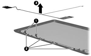 10. If it is necessary to replace the display panel cable: a. Release the tabs (1) built into the display enclosure shielding that secure the display panel cable to the display enclosure. b. Release the display panel cable from the clips (2) built into the display enclosure.