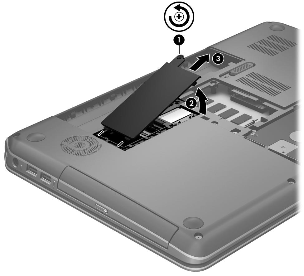 3. Remove the wireless module compartment cover (3) by sliding it away from the computer at an angle.