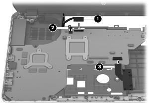 7. Disconnect the following cables from the system board: (1) Display panel cable (2) Left speaker cable (3)