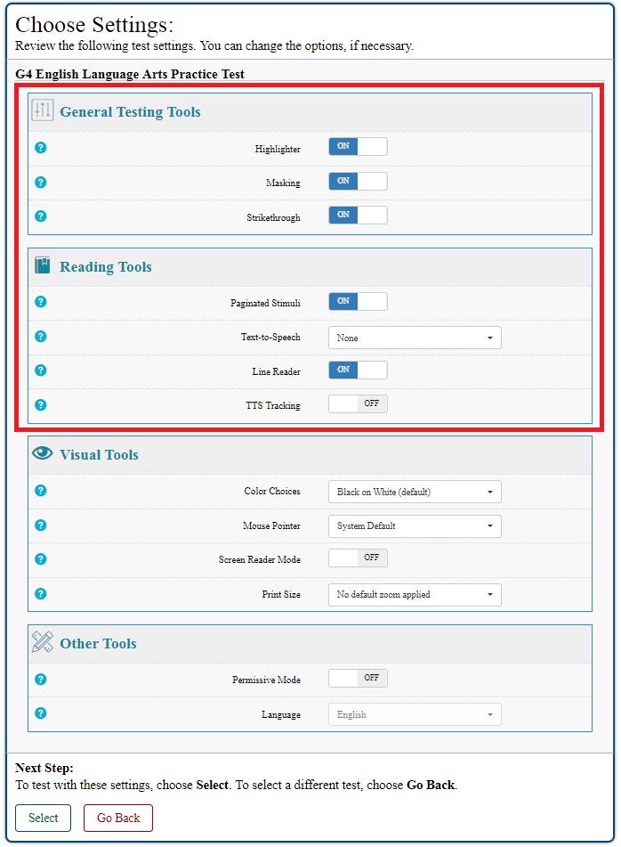 Step 4. On the Practice Site, if using the Guest User login, users have the option of selecting among several different features on the Choose Settings page.