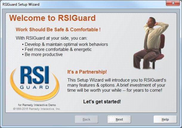 guide you through the process of tailoring RSIGuard to your personal ergonomic needs. The first screen of the RSIGuard Setup Wizard.