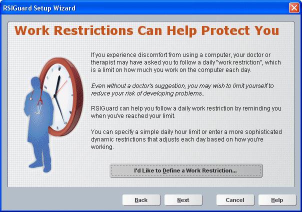 This screen may prompt you to tell RSIGuard if you want it to track a doctor-prescribed work-restriction.