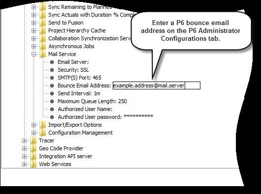 Bounce E-mail Address P6 R8.3 enables an organization to specify a bounce e-mail address to which any message sent to an invalid e-mail address from a user within P6 will be returned.