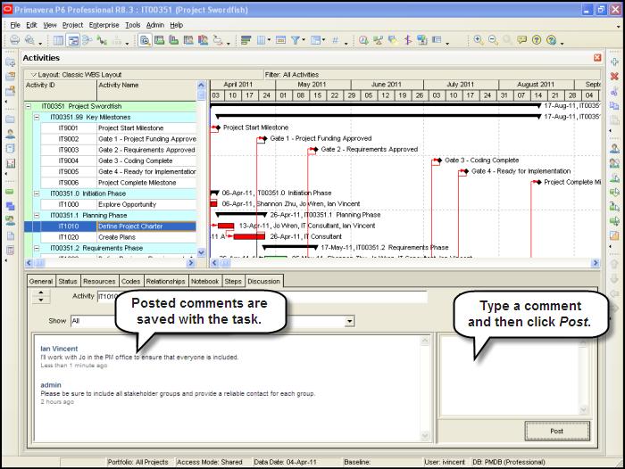 Discussion Feature P6 Professional provides a new Discussion feature that enables team members and project managers to communicate about specific activities.