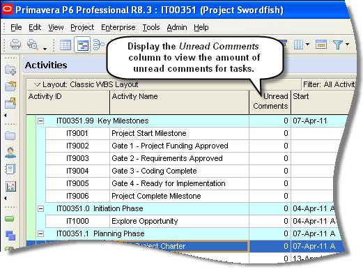 Read or add comments in the Discussion tab in the Activities window in P6 Professional.